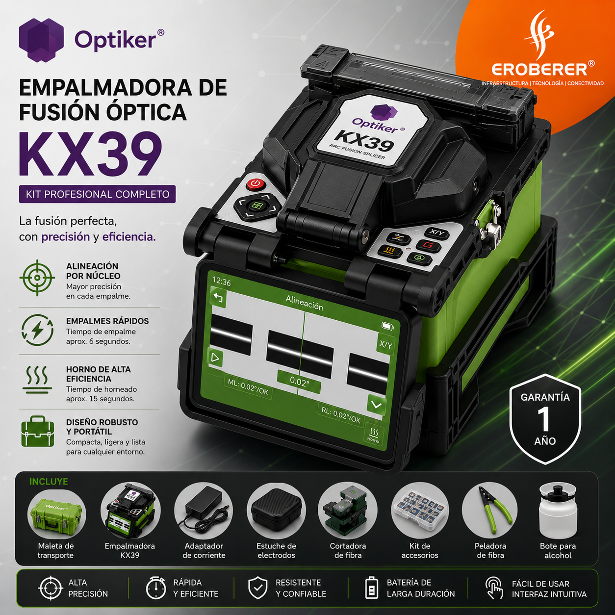 Equipo de Fusion Kx39 alineacion por nucleo asistido para mejores fusiones en torncal y fttx optiker
