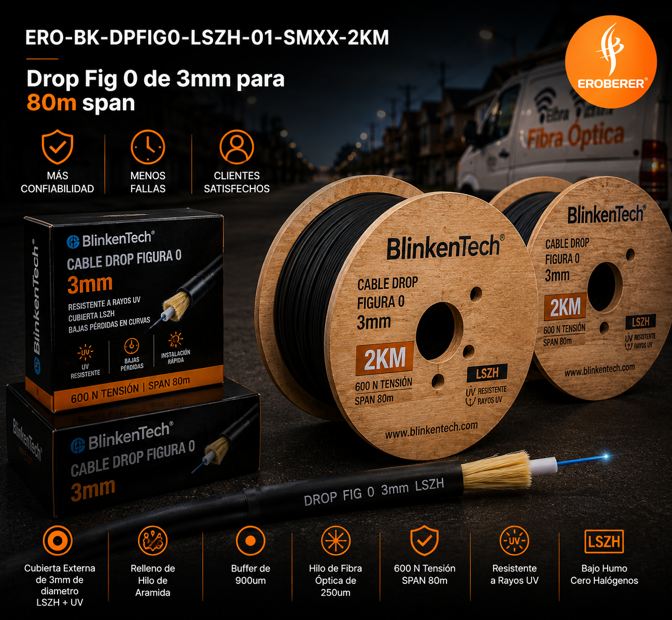 ERO-BK-DPFIG0-LSZH-01-SMXX-2KM - Cable Drop Fig 0 Blinkentech de 3mm para 80m span