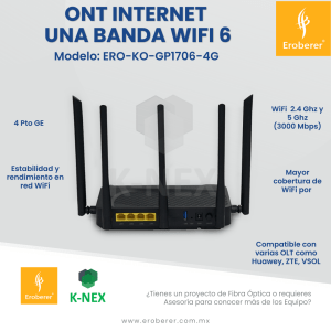 La ONT ERO-KO-GP1706-4G Knext by Bdcom ofrece internet ultrarrápido con tecnología WiFi 6 en doble banda (2.4 GHz y 5 GHz)