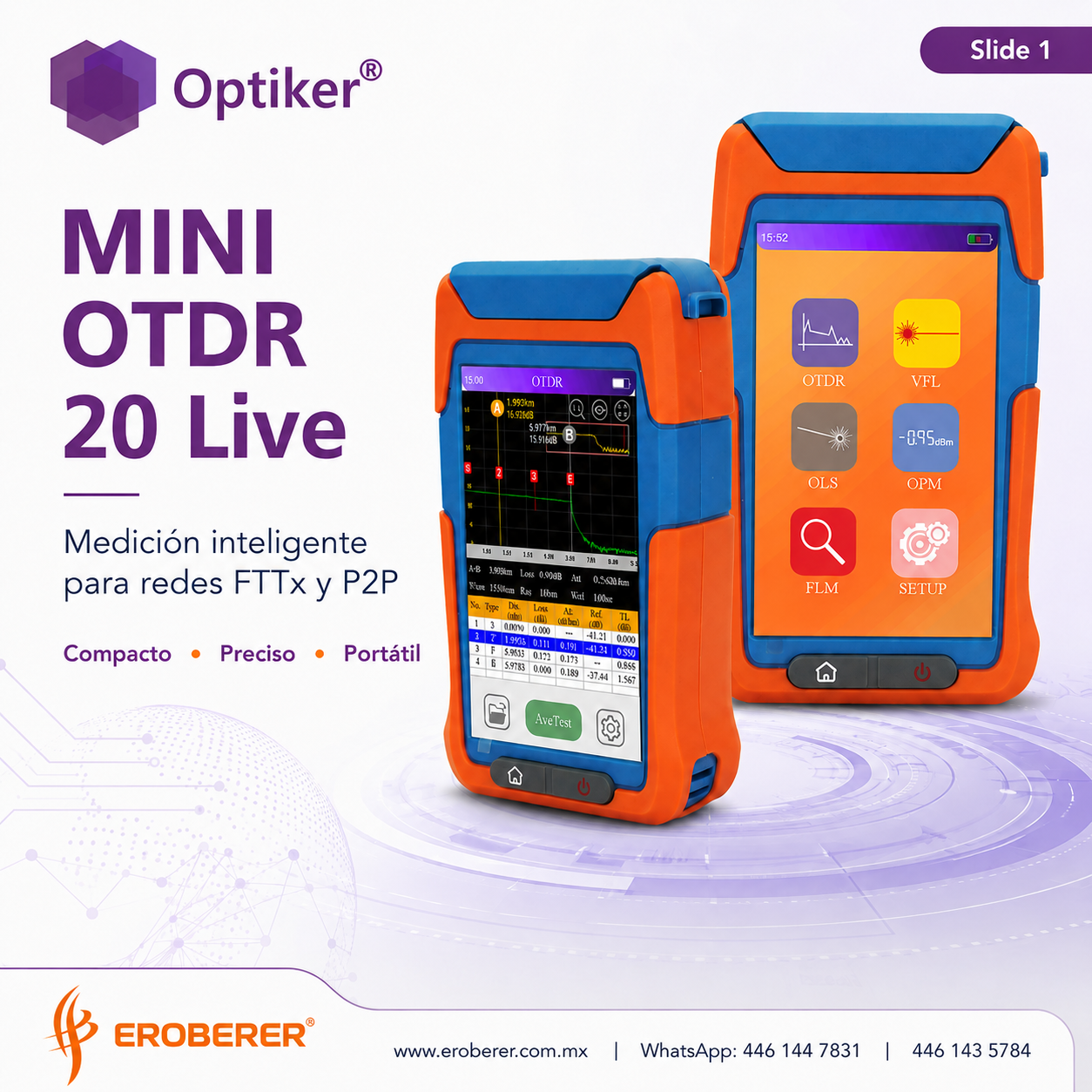 ERO-OPK-MOTDR-20 OTDR optiker para mediciones en redes activas de fibra optica fttx o punto a punto