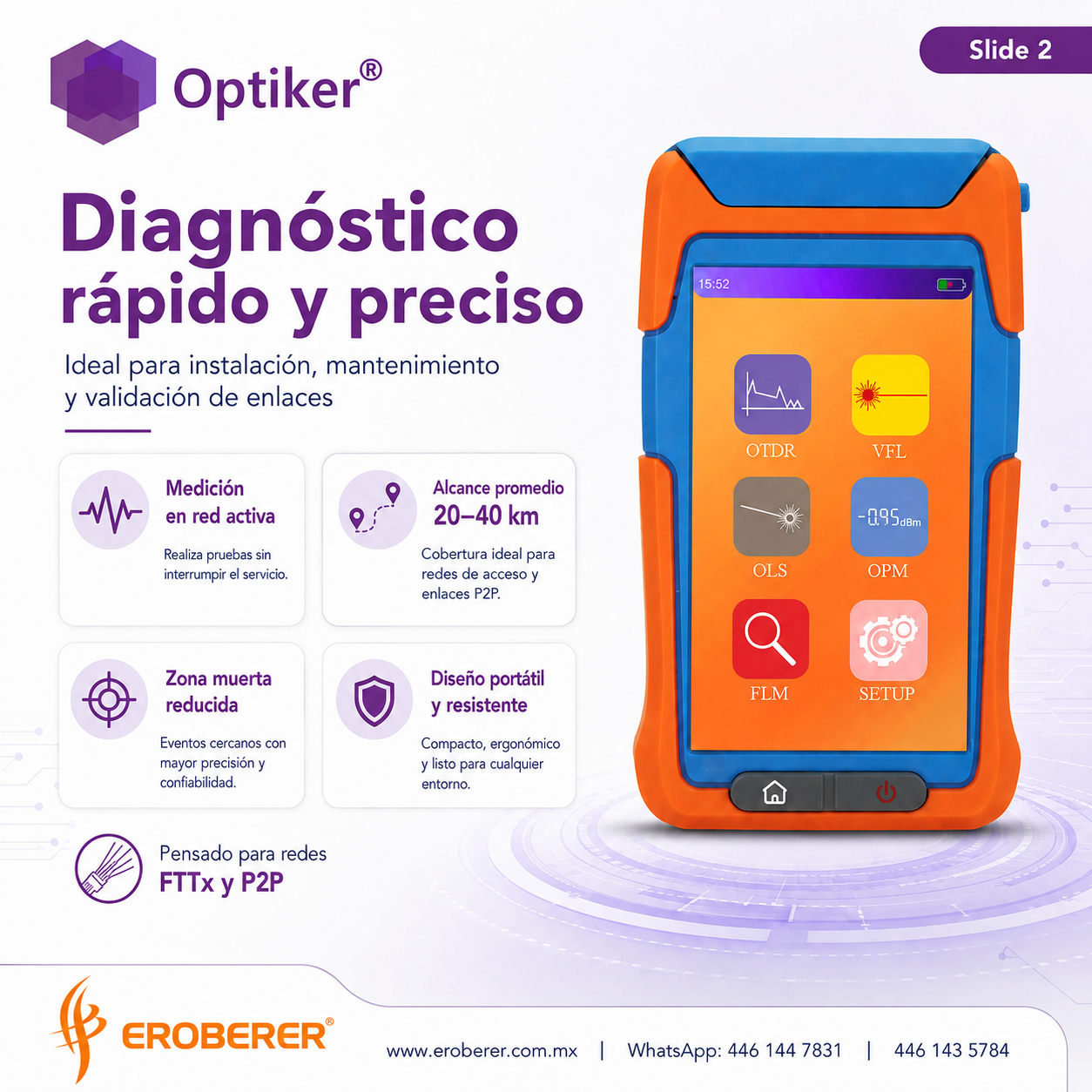 ERO-OPK-MOTDR-20 OTDR optiker para mediciones en redes activas de fibra optica fttx o punto a punto