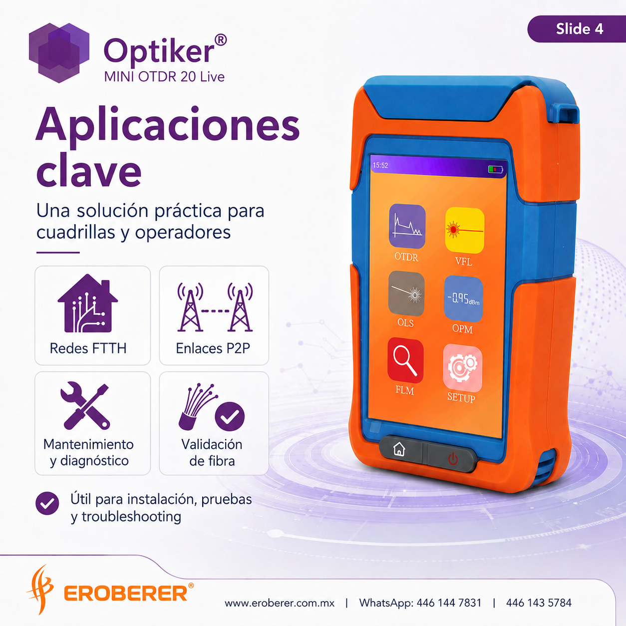 ERO-OPK-MOTDR-20 OTDR optiker para mediciones en redes activas de fibra optica fttx o punto a punto